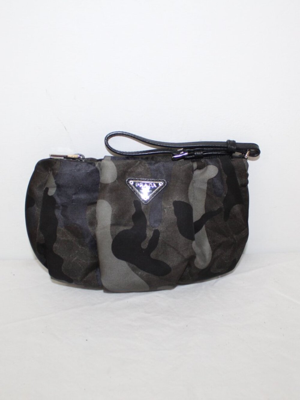 Prada Camouflage Triangle Logo Tessuto Nylon Wristlet ZipTop Ruched Pouch Clutch
